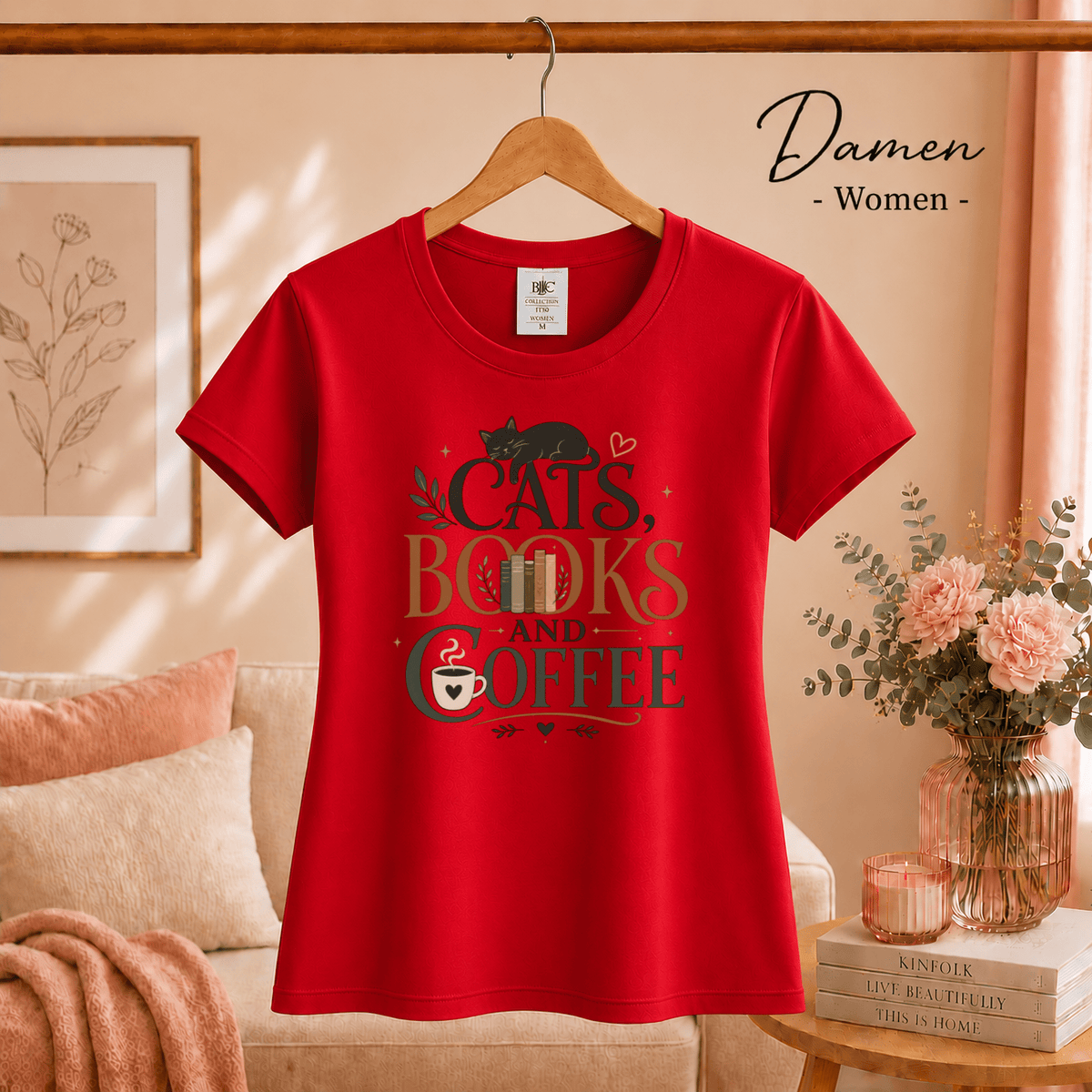 Cats, Books, and Coffee T-Shirt mit typografischem Spruch und Katzen-Motiv - StyleOne