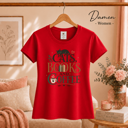 Cats, Books, and Coffee T-Shirt mit typografischem Spruch und Katzen-Motiv - StyleOne