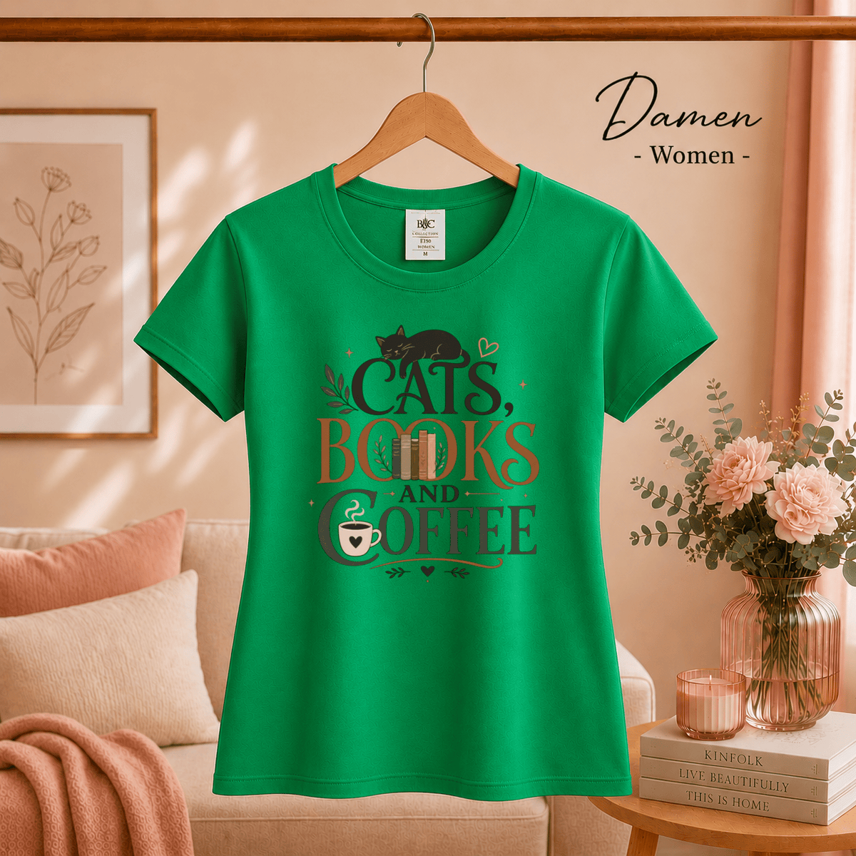 Cats, Books, and Coffee T-Shirt mit typografischem Spruch und Katzen-Motiv - StyleOne