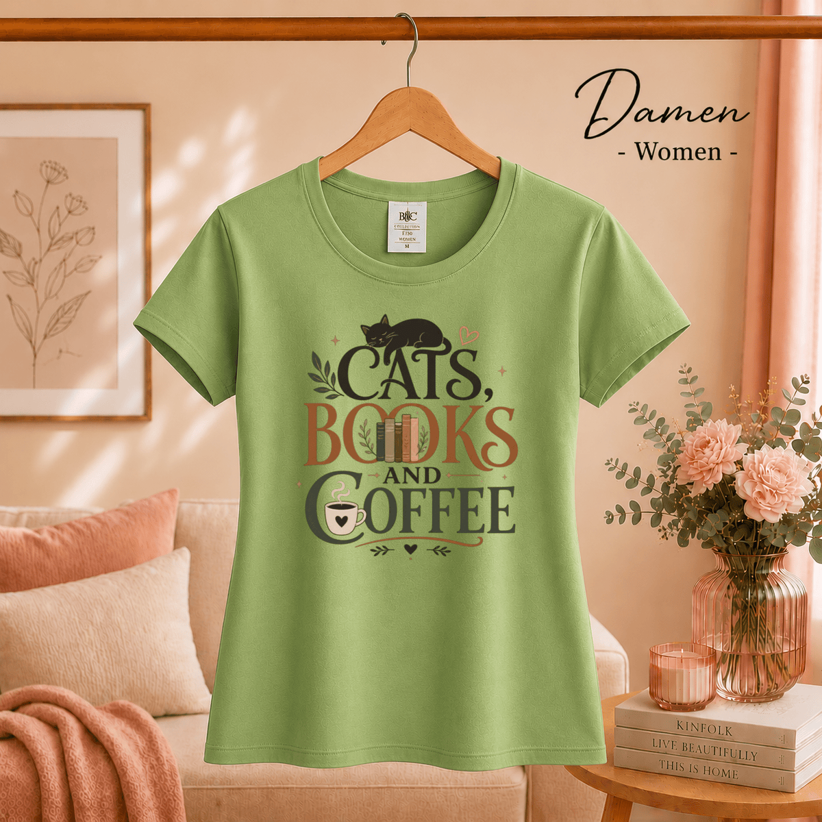 Cats, Books, and Coffee T-Shirt mit typografischem Spruch und Katzen-Motiv - StyleOne
