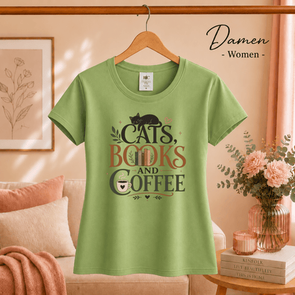 Cats, Books, and Coffee T-Shirt mit typografischem Spruch und Katzen-Motiv - StyleOne