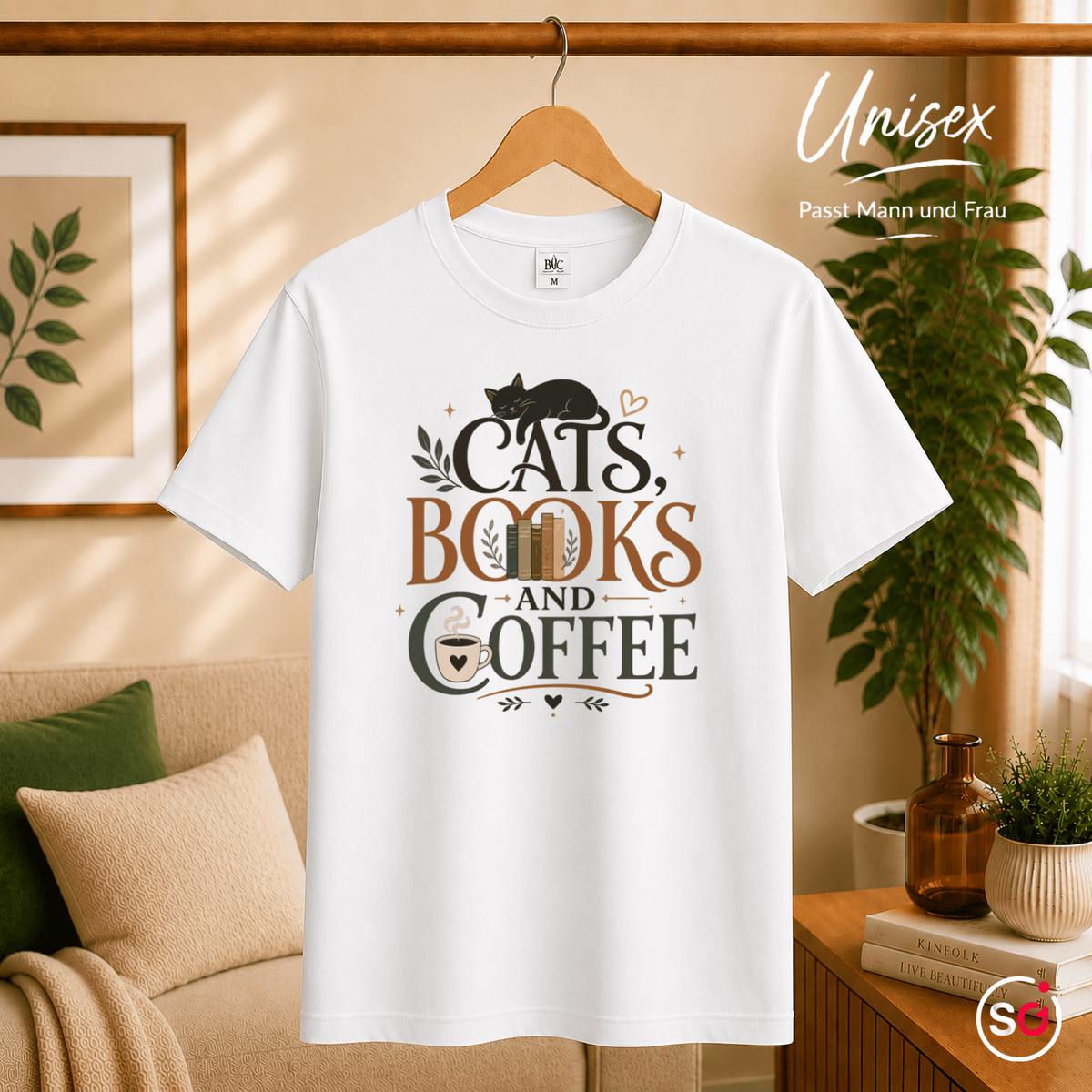 Cats, Books, and Coffee T-Shirt mit typografischem Spruch und Katzen-Motiv - StyleOne