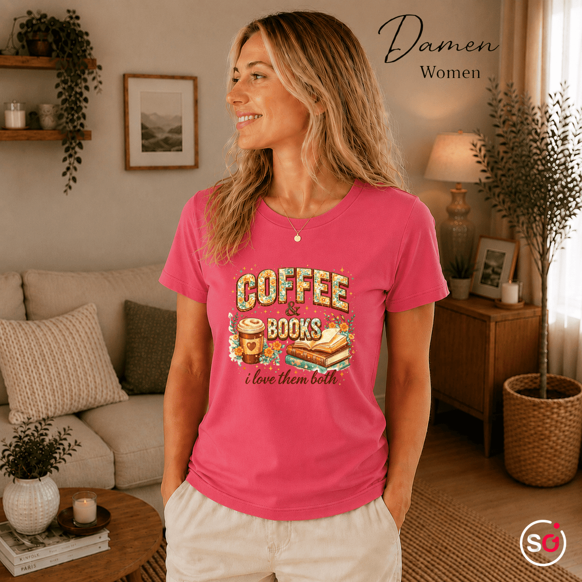 Coffee & Books T-Shirt – Floraler Print für Leseratten & Kaffeeliebhaber - StyleOne