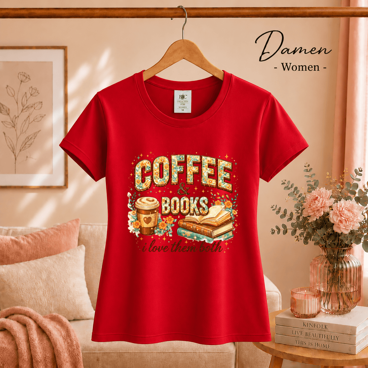 Coffee & Books T-Shirt – Floraler Print für Leseratten & Kaffeeliebhaber - StyleOne