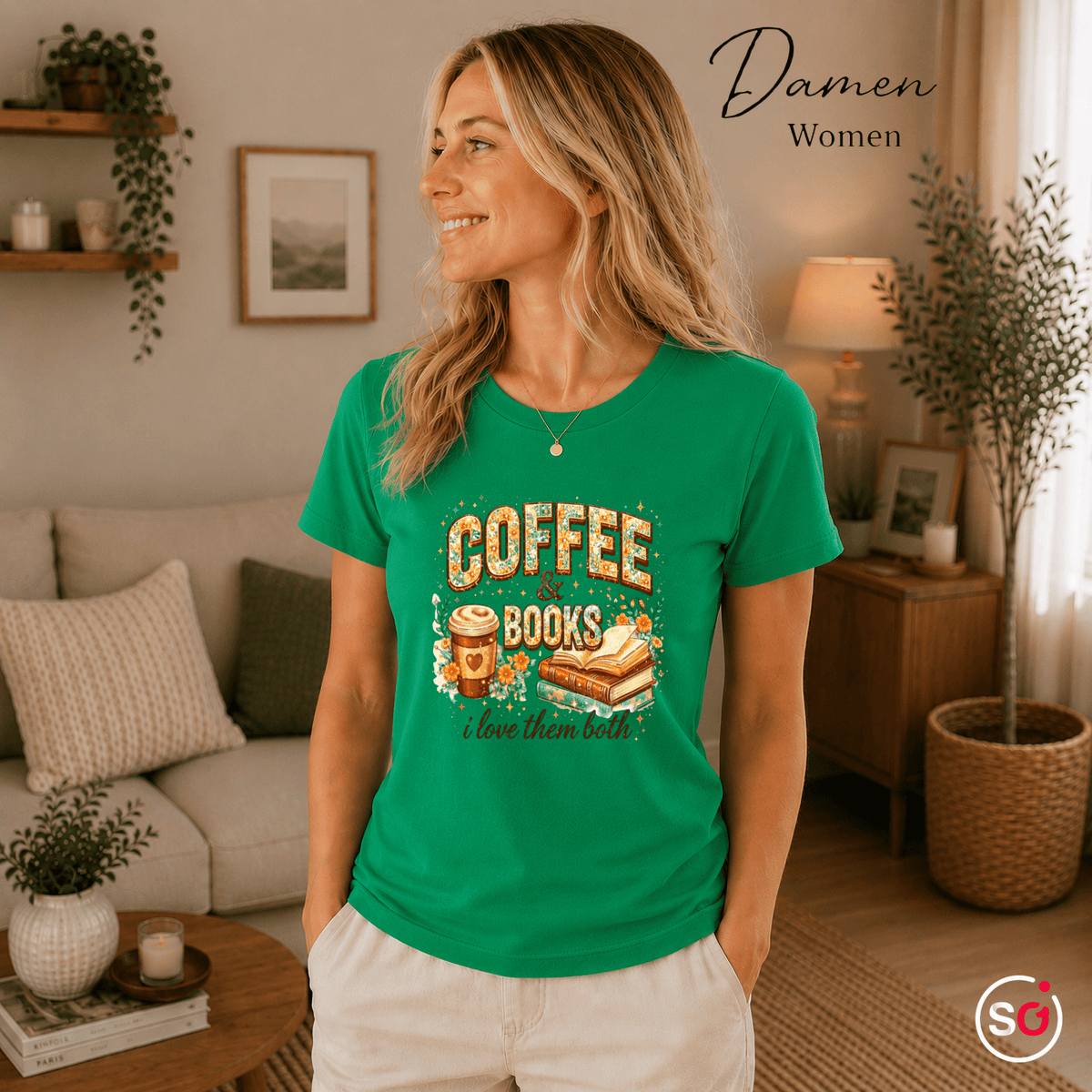 Coffee & Books T-Shirt – Floraler Print für Leseratten & Kaffeeliebhaber - StyleOne
