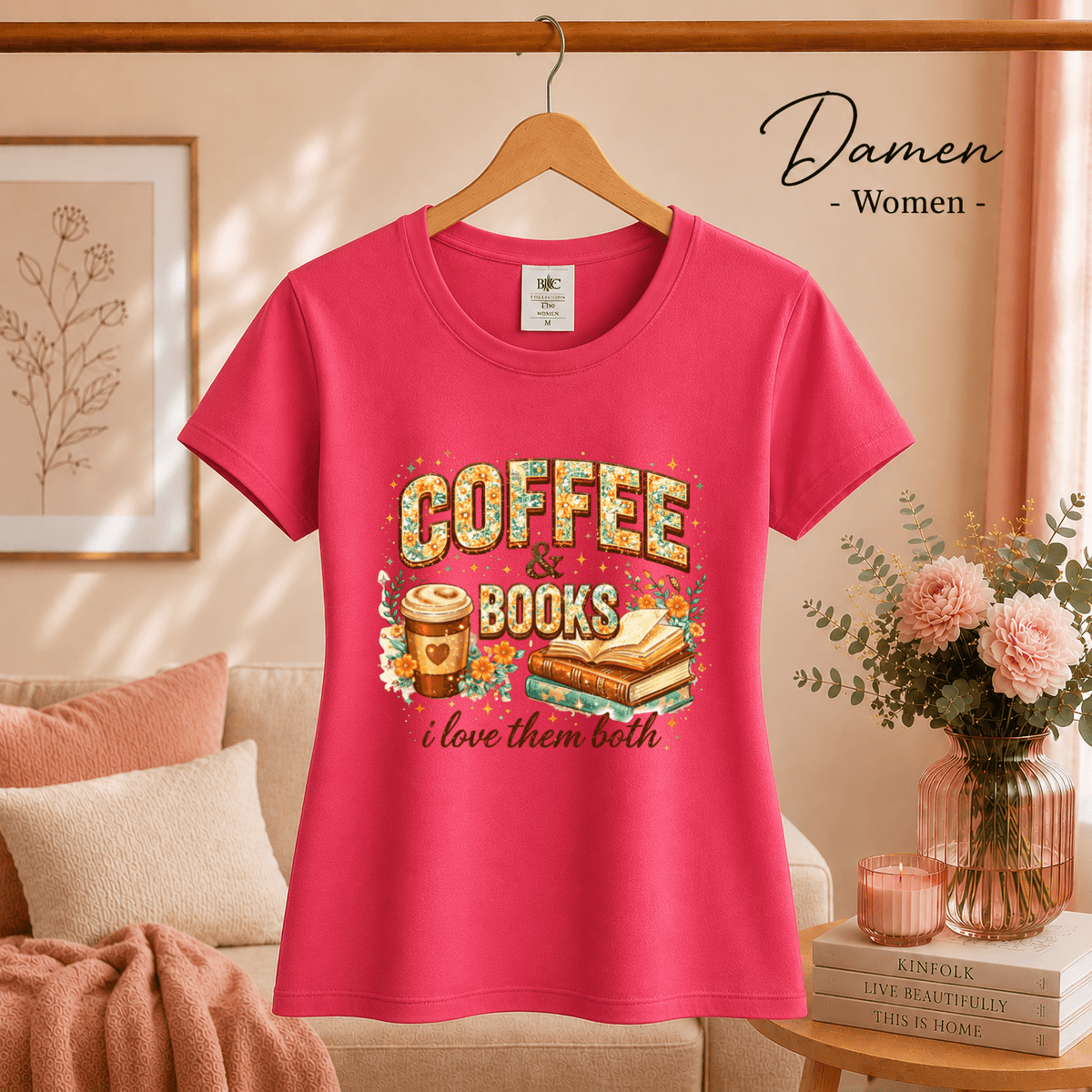 Coffee & Books T-Shirt – Floraler Print für Leseratten & Kaffeeliebhaber - StyleOne