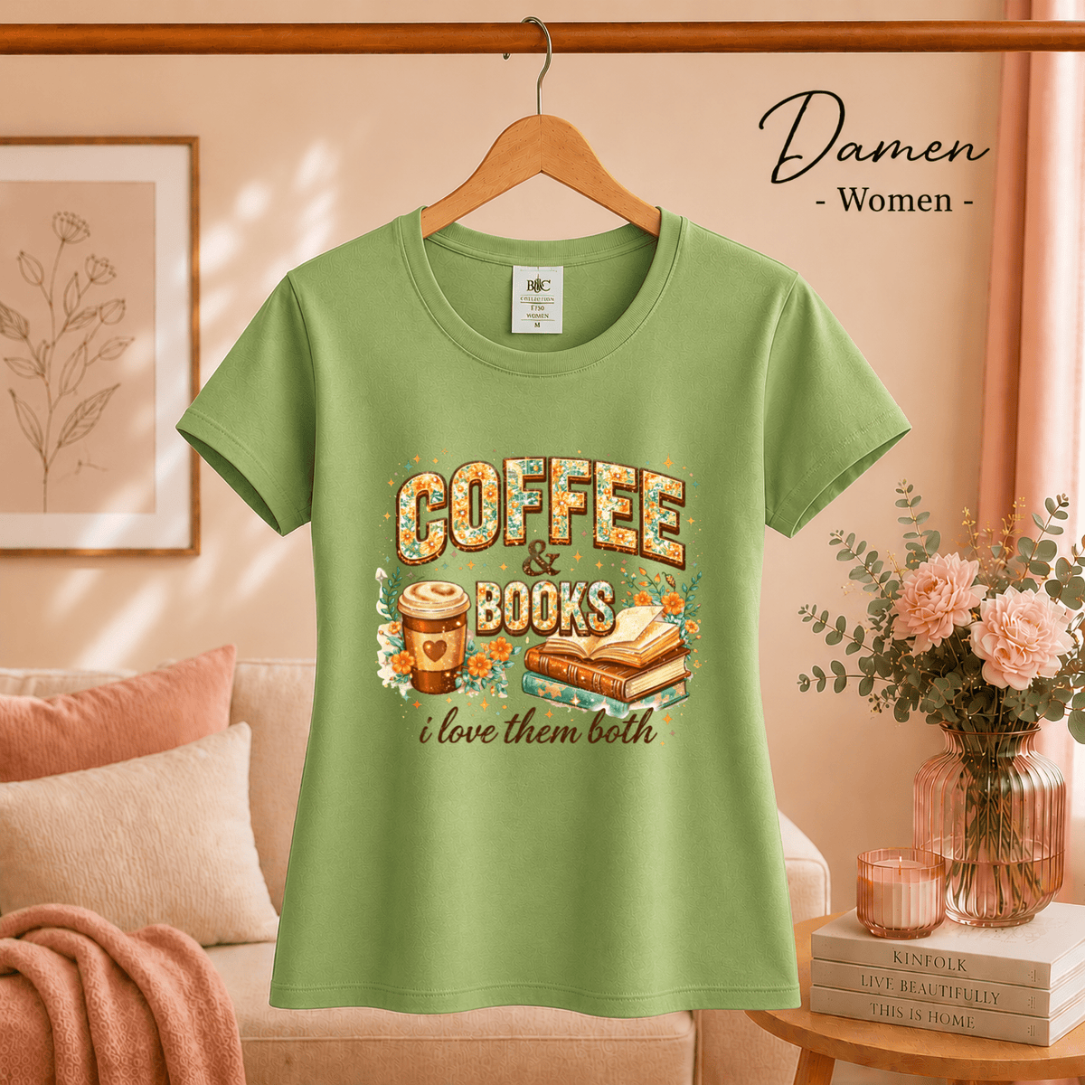 Coffee & Books T-Shirt – Floraler Print für Leseratten & Kaffeeliebhaber - StyleOne