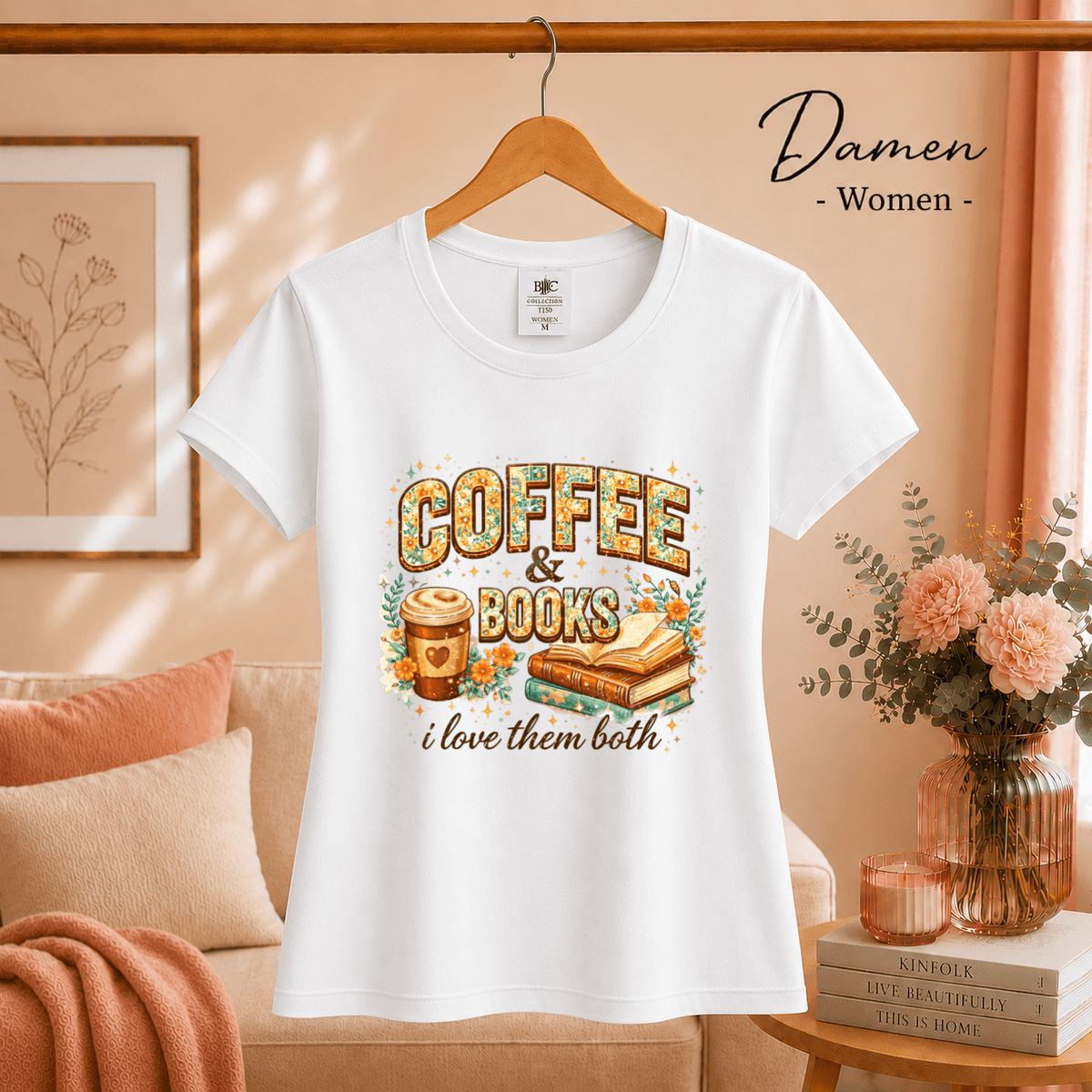 Coffee & Books T-Shirt – Floraler Print für Leseratten & Kaffeeliebhaber - StyleOne