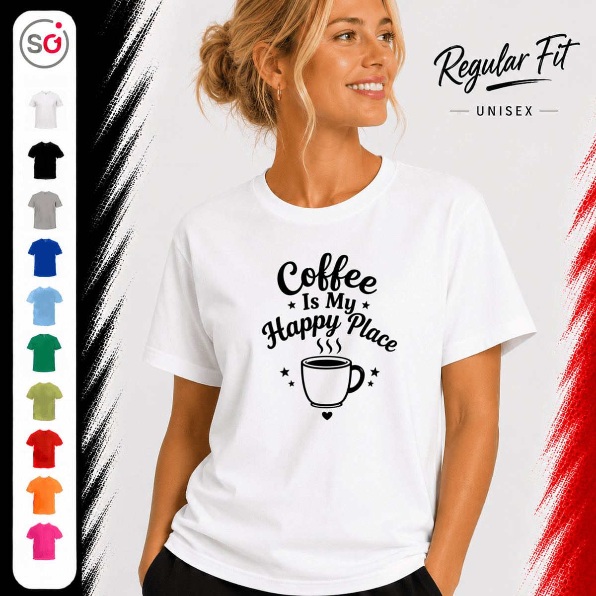 Coffee Is My Happy Place T-Shirt | Design mit dampfender Kaffeetasse, Herz und Sternen - StyleOne