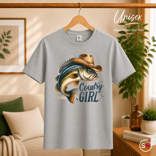 Country Girl T-Shirt | Lustiges Fisch-Motiv mit Cowboyhut für Anglerinnen & Western-Fans - StyleOne