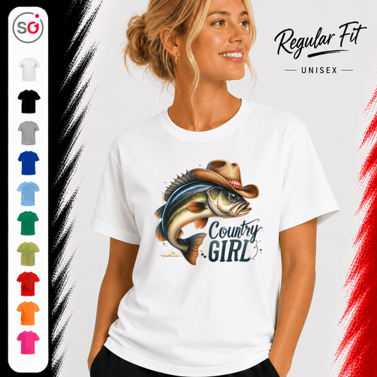 Country Girl T-Shirt | Lustiges Fisch-Motiv mit Cowboyhut für Anglerinnen & Western-Fans - StyleOne