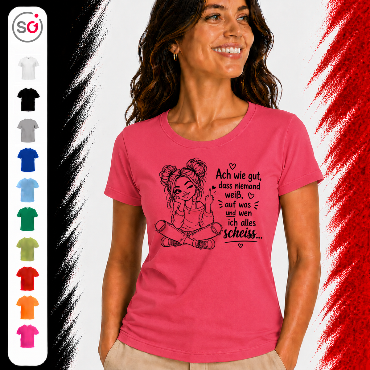 Vorschau – Statement T-Shirt „Auf was und wen ich alles scheiss…“ mit frecher Comic-Figur