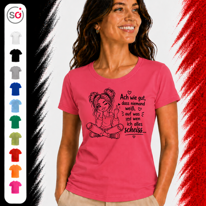 Vorschau – Statement T-Shirt „Auf was und wen ich alles scheiss…“ mit frecher Comic-Figur