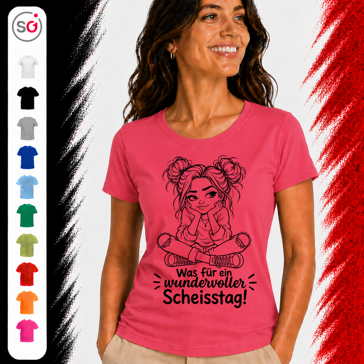 Vorschau – T-Shirt mit sarkastischem Spruch 'Wundervoller Scheisstag' & rebellischer Cartoon-Figur