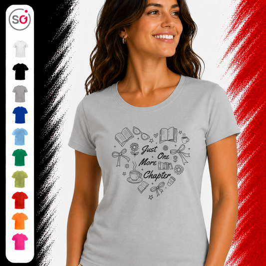 Vorschau – T-Shirt mit Herz-Motiv aus Büchern | Spruch 'Just One More Chapter'