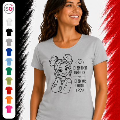 Vorschau – T-Shirt "Nicht unhöflich, nur ehrlich" | Design mit selbstbewusster Frau und frechem Statement