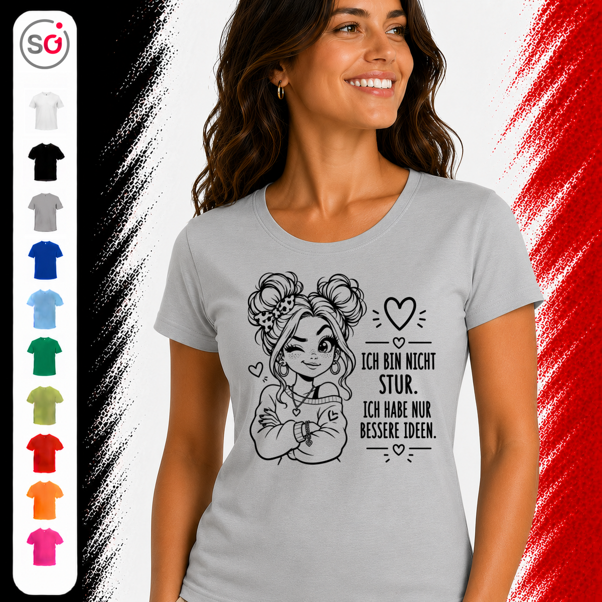 Vorschau – Statement-Shirt "Bessere Ideen" mit zwinkerndem Comic-Mädchen und frechem Spruch