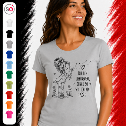 Vorschau – T-Shirt mit Pusteblumen-Mädchen und dem Spruch „Ich bin liebenswert, genau so wie ich bin“