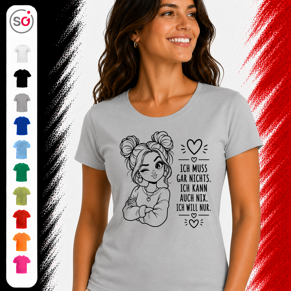 Vorschau – T-Shirt mit frechem Spruch 'Ich muss gar nichts' & zwinkernder Comic-Frau