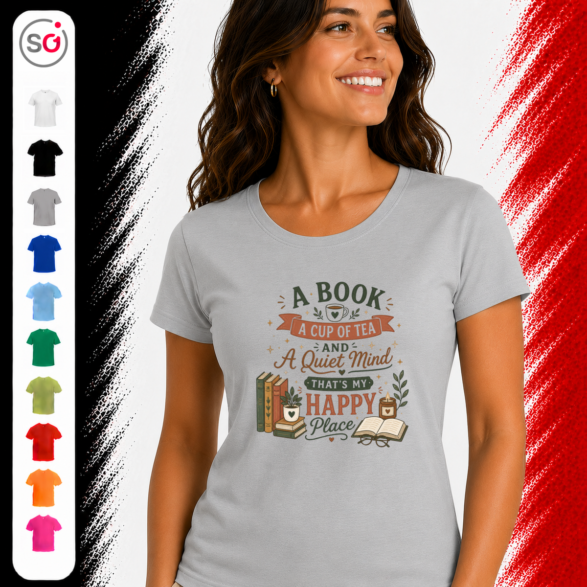 Vorschau – T-Shirt 'Happy Place' mit Buch und Tee Motiv – Design für entspannte Lesemomente