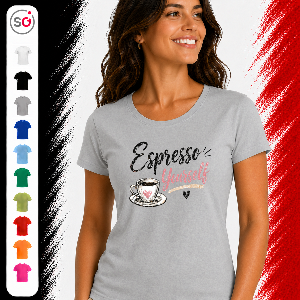 Vorschau – T-Shirt mit 'Espresso Yourself' Spruch | Design mit Kaffeetasse und Glitzer-Schrift