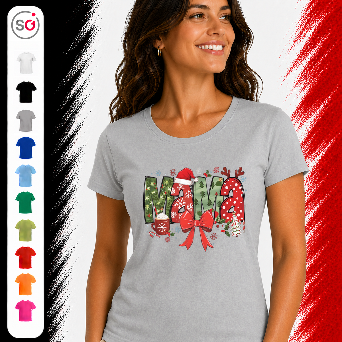 Vorschau – MAMA Weihnachts-T-Shirt | Festlicher Schriftzug mit Mustermix, Weihnachtsmütze & Schneeflocken