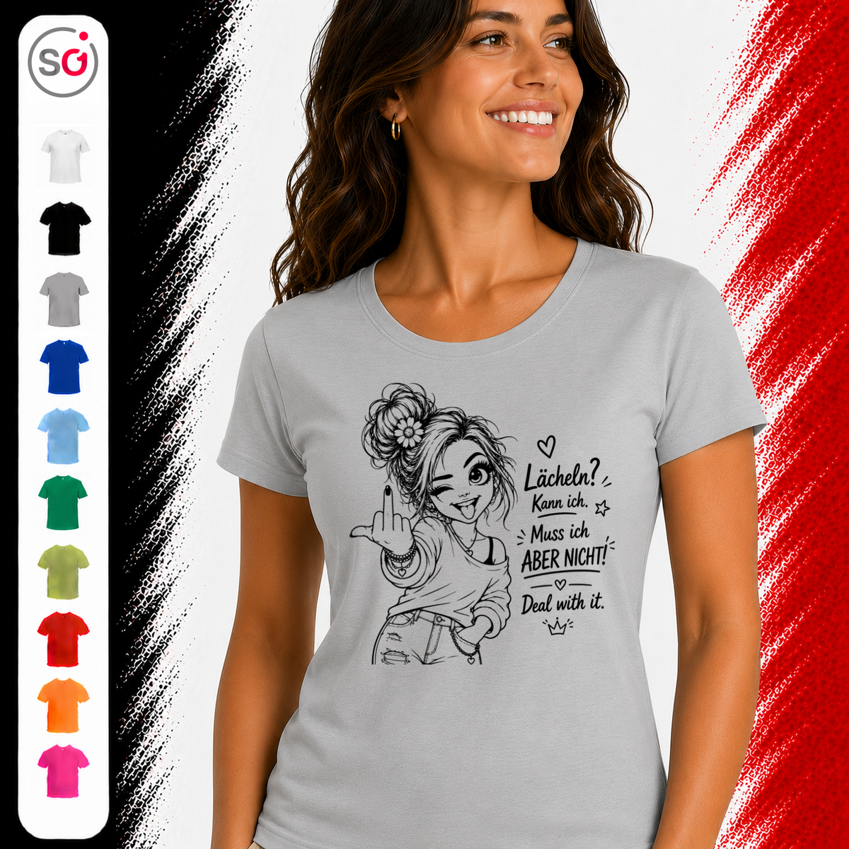 Vorschau – Statement T-Shirt 'Lächeln? Muss ich aber nicht!' mit frechem Comic-Motiv