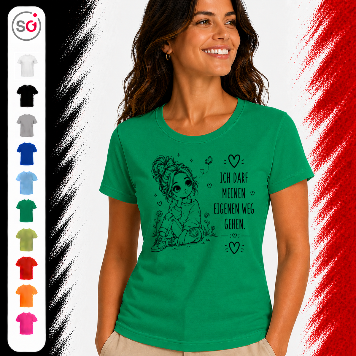 Vorschau – T-Shirt mit Statement-Spruch 'Ich darf meinen eigenen Weg gehen' | Süße Mädchen-Illustration