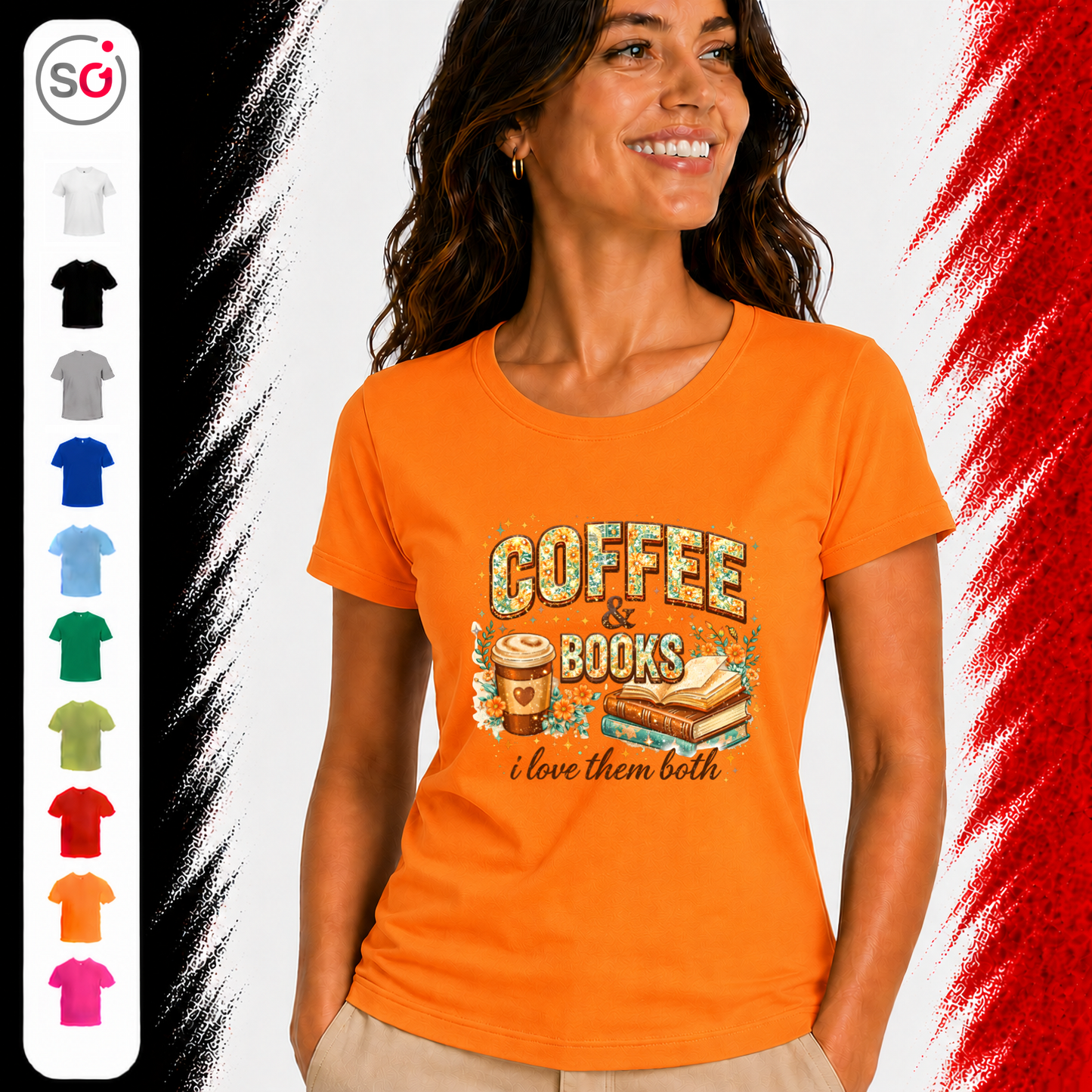 Vorschau – Coffee & Books T-Shirt – Floraler Print für Leseratten & Kaffeeliebhaber