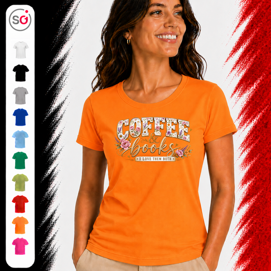 Vorschau – T-Shirt 'Coffee & Books' mit romantischem Blumen-Design für Leseratten