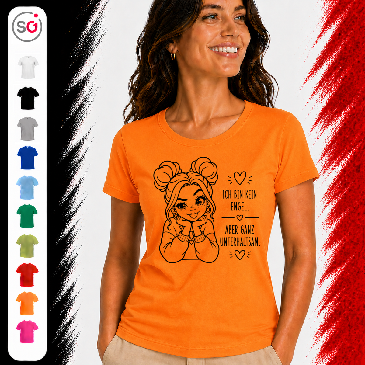 Vorschau – T-Shirt mit frechem Spruch 'Ich bin kein Engel, aber ganz unterhaltsam' und Comic-Mädchen Design