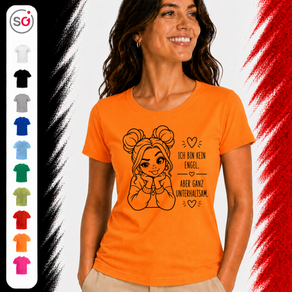Vorschau – T-Shirt mit frechem Spruch 'Ich bin kein Engel, aber ganz unterhaltsam' und Comic-Mädchen Design