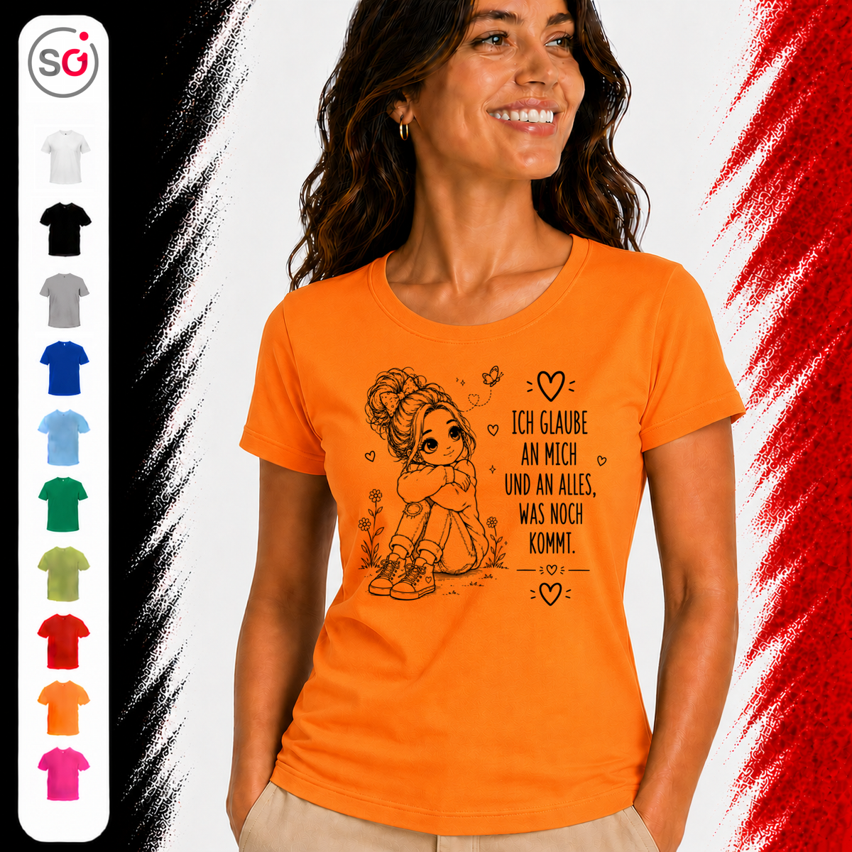 Vorschau – Statement-Shirt "Ich glaube an mich" mit süßer Comic-Mädchen Illustration