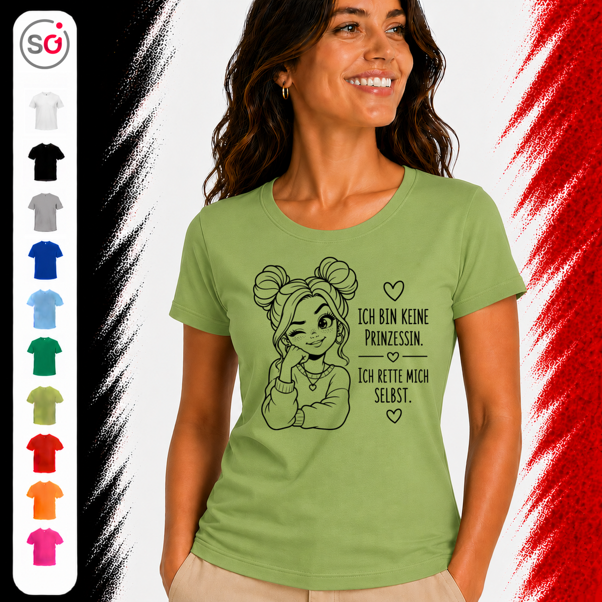 Vorschau – T-Shirt 'Ich rette mich selbst' | Statement-Design mit selbstbewusster, zwinkernder Comic-Frau