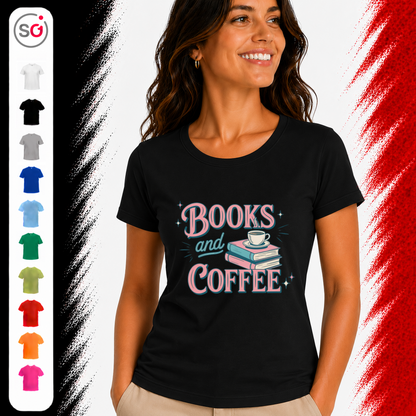 Vorschau – Books and Coffee T-Shirt | Charmantes Design für Leseratten & Kaffeefans