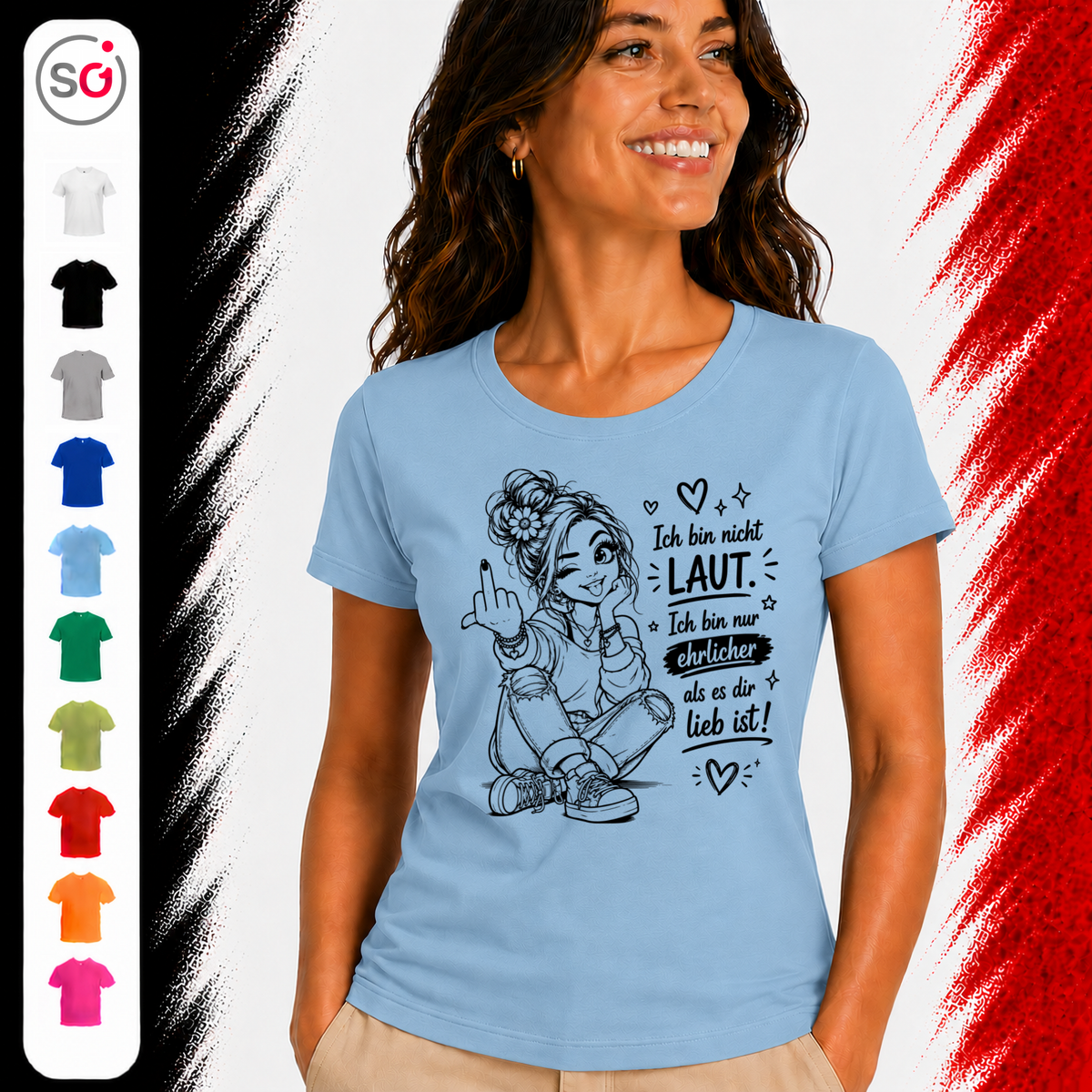 Vorschau – T-Shirt mit frechem Spruch 'Nicht Laut, nur Ehrlicher' und Mittelfinger-Motiv