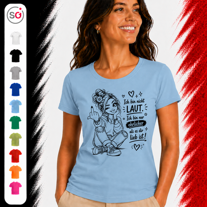 Vorschau – T-Shirt mit frechem Spruch 'Nicht Laut, nur Ehrlicher' und Mittelfinger-Motiv