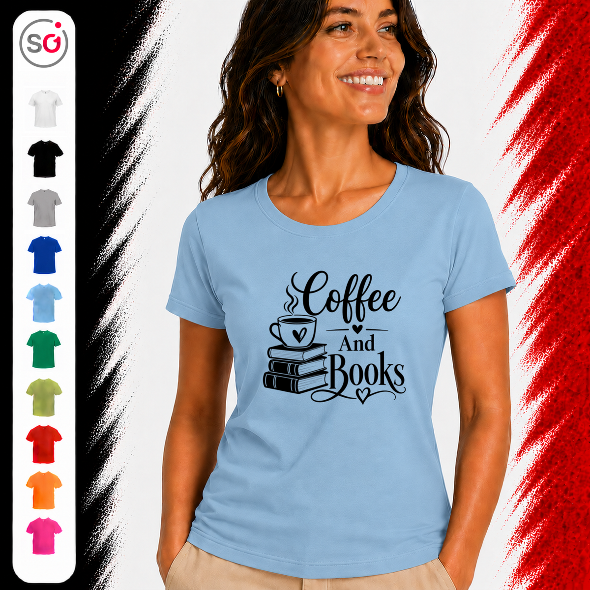 Vorschau – T-Shirt mit 'Coffee And Books' Spruch | Design für Leseratten und Kaffeeliebhaber