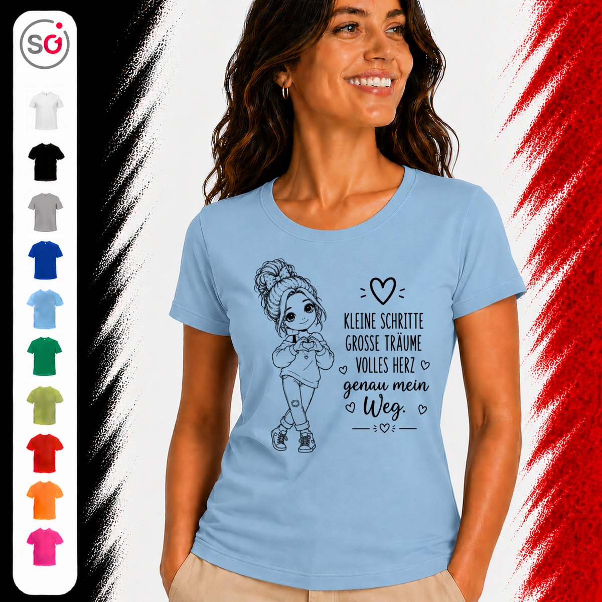 Vorschau – T-Shirt 'Kleine Schritte, Grosse Träume' – Motivierender Spruch mit Herz-Mädchen im Sketch-Stil