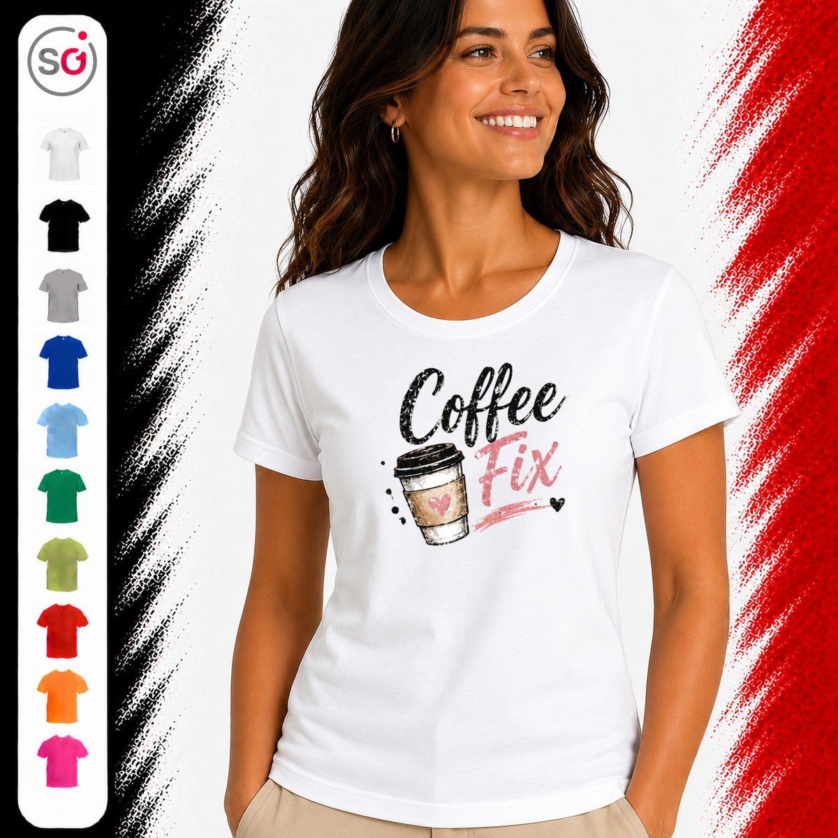 Vorschau – T-Shirt "Coffee Fix" – Kaffeebecher mit Herz Motiv im Aquarell-Look & Brush-Style