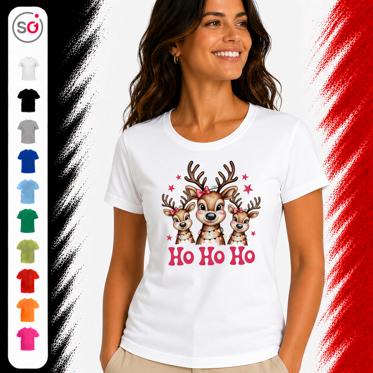 Vorschau – T-Shirt mit süßer Rentier Familie und „Ho Ho Ho“ Schriftzug für Weihnachten