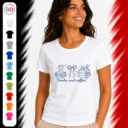 Vorschau – Bücher & Kaffee Liebhaber Design T-Shirt | Charmantes Motiv für Lesefreunde