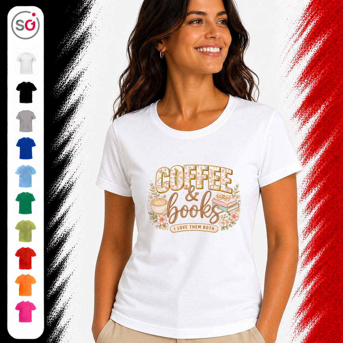 Vorschau – T-Shirt mit Coffee & Books Design | Floral-verzierter Spruch für Bücher- und Kaffeeliebhaber