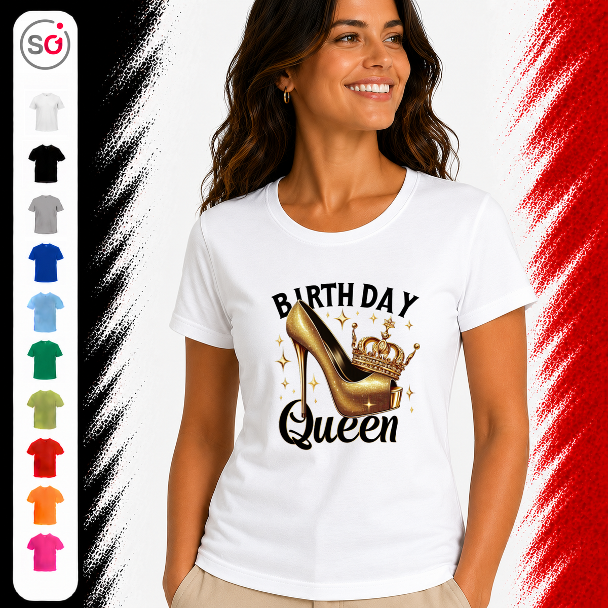 Vorschau – Birthday Queen T-Shirt mit goldenem High Heel und Krone für einen glamourösen Auftritt