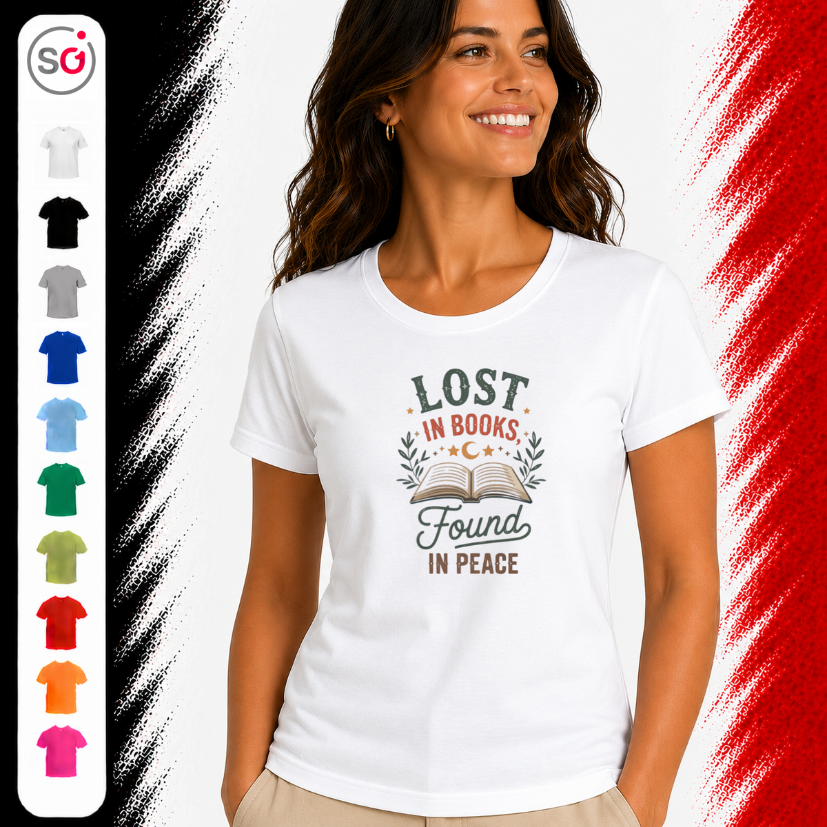 Vorschau – T-Shirt mit Buch-Motiv und Spruch 'Lost in Books, Found in Peace' im Vintage-Stil