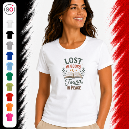 Vorschau – T-Shirt mit Buch-Motiv und Spruch 'Lost in Books, Found in Peace' im Vintage-Stil