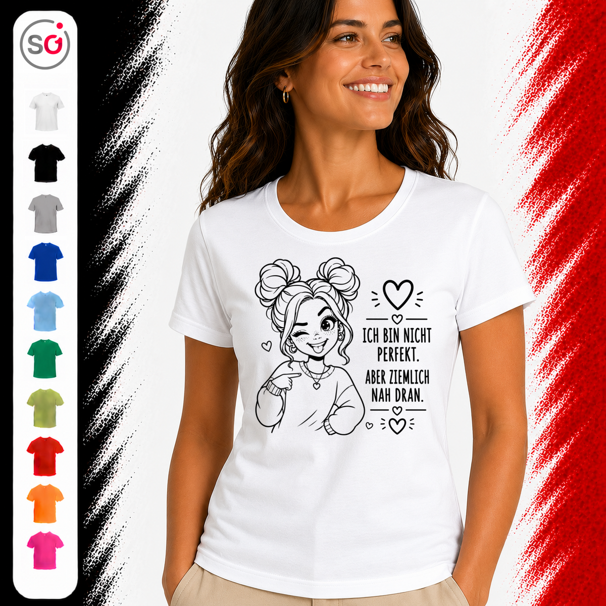 Vorschau – Statement T-Shirt 'Nicht Perfekt, Aber Ziemlich Nah Dran' mit zwinkernder Comic-Frau