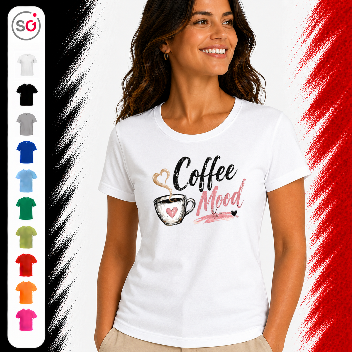 Vorschau – T-Shirt mit "Coffee Mood" Schriftzug und Kaffeetasse im Aquarell-Stil