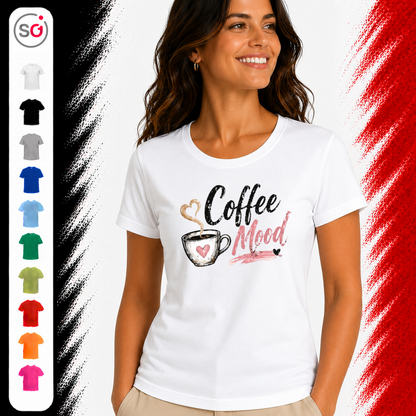 Vorschau – T-Shirt mit "Coffee Mood" Schriftzug und Kaffeetasse im Aquarell-Stil