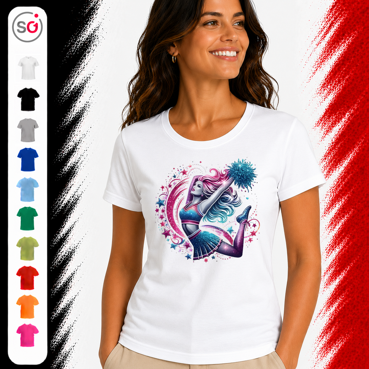 Vorschau – T-Shirt mit dynamischem Cheerleader-Motiv und galaktischen Sternen